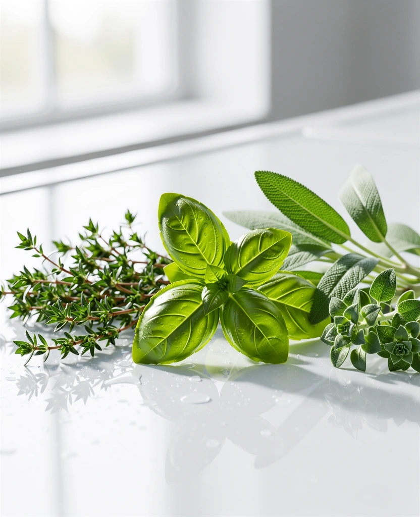 Fresh Italian herbs on a minimalist surface